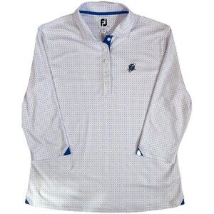 FootJoy Golf Shirt Polo Womens Large 3/4 Sleeve White Blue Dot Greenbrier Logo
